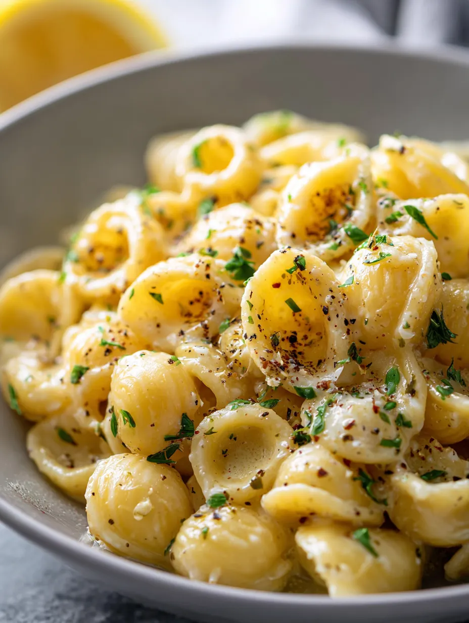 A bowl of pasta with cheese and herbs.