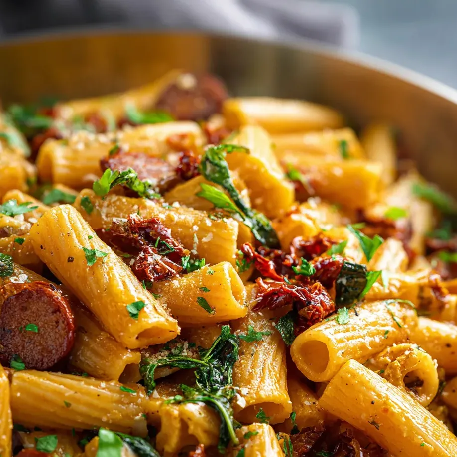 A bowl of pasta with meat and veggies.
