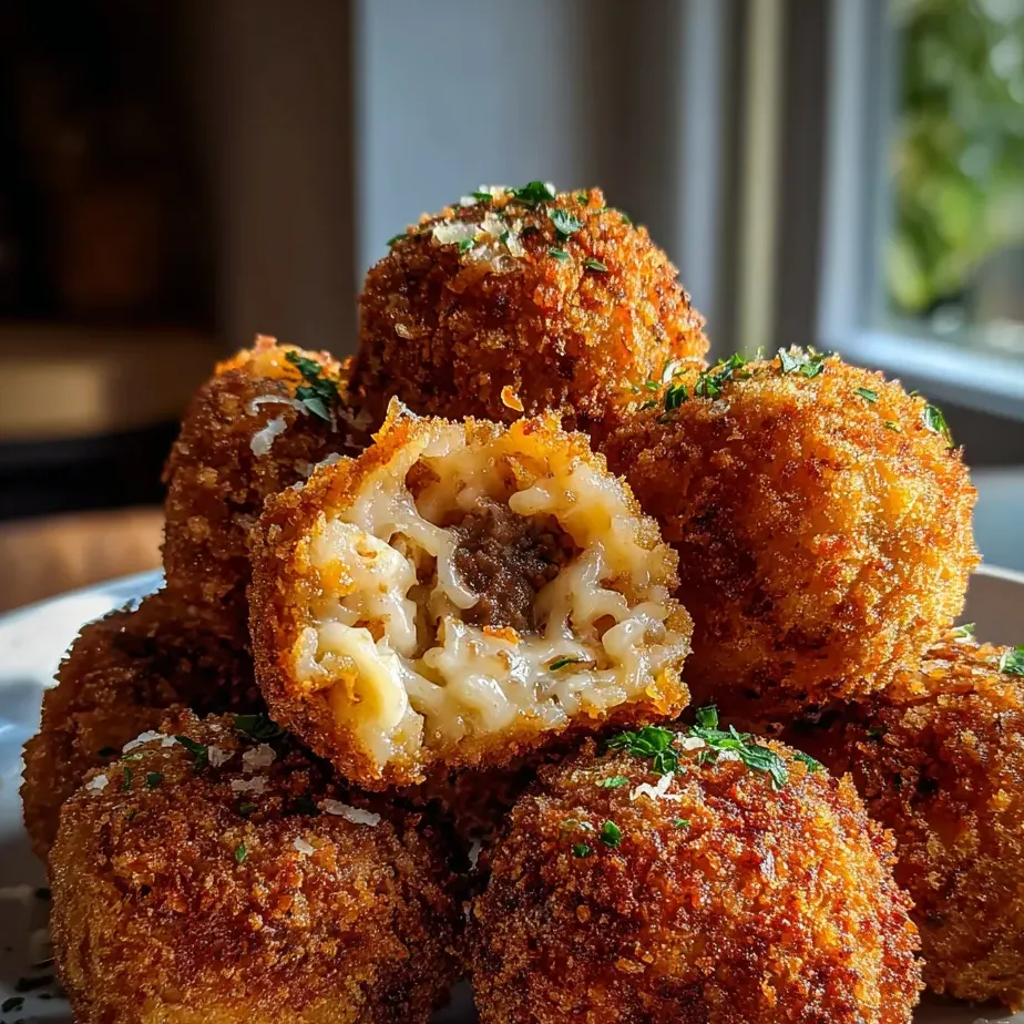 A plate with golden stuffed rice balls and sides.