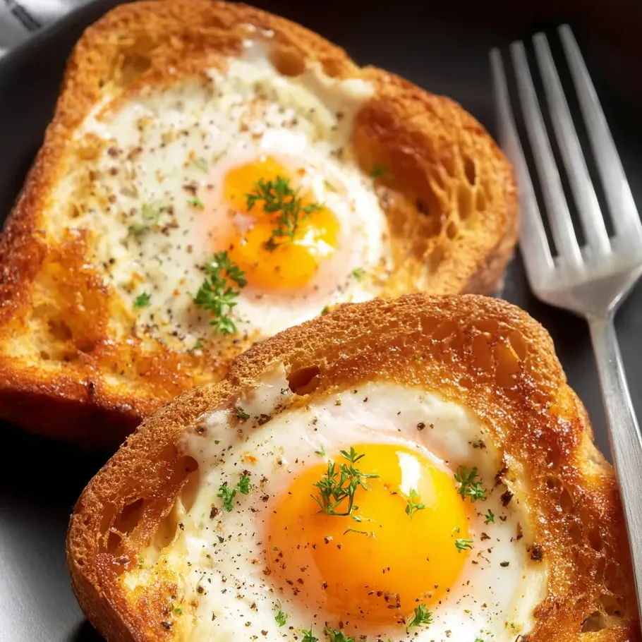 Two toasts piled with eggs.