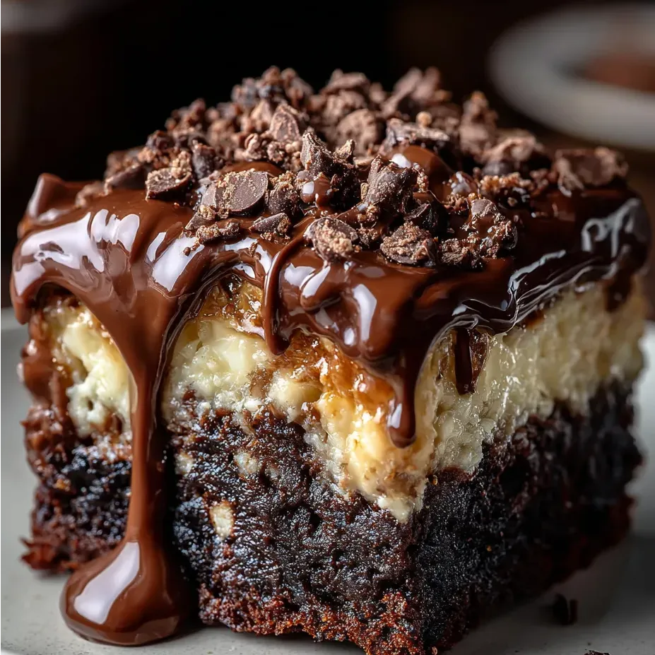 Chocolate cake with drizzled chocolate on top.