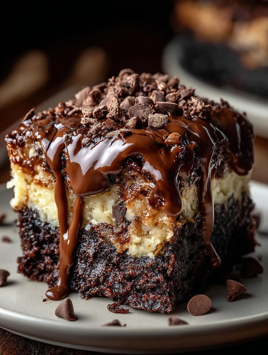A chocolate dessert with chocolate drizzled on top.