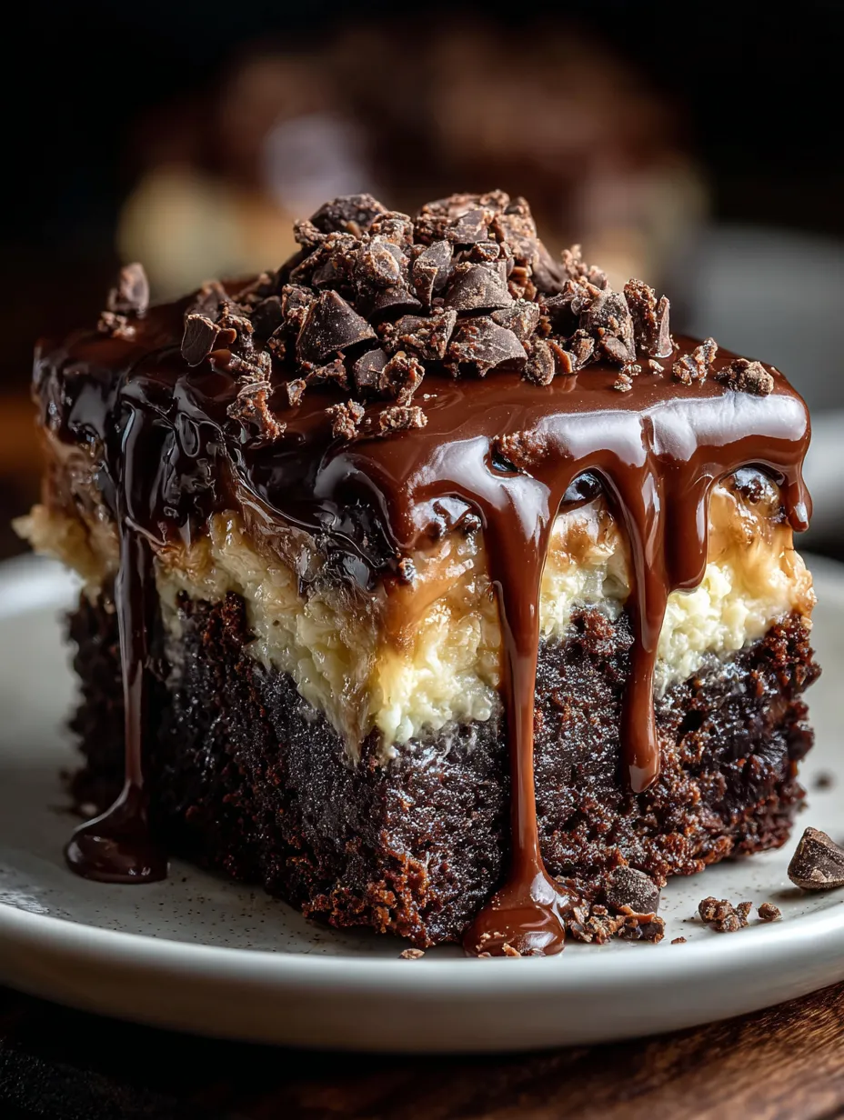 Chocolate cake with chocolate drizzle.