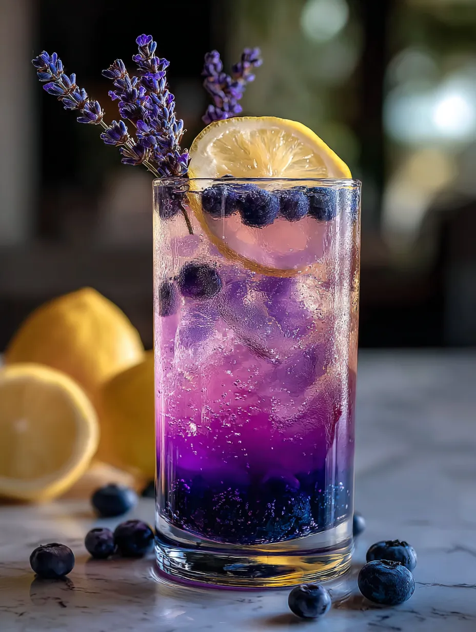 A cool purple drink in a glass decked with lemon and blueberries.