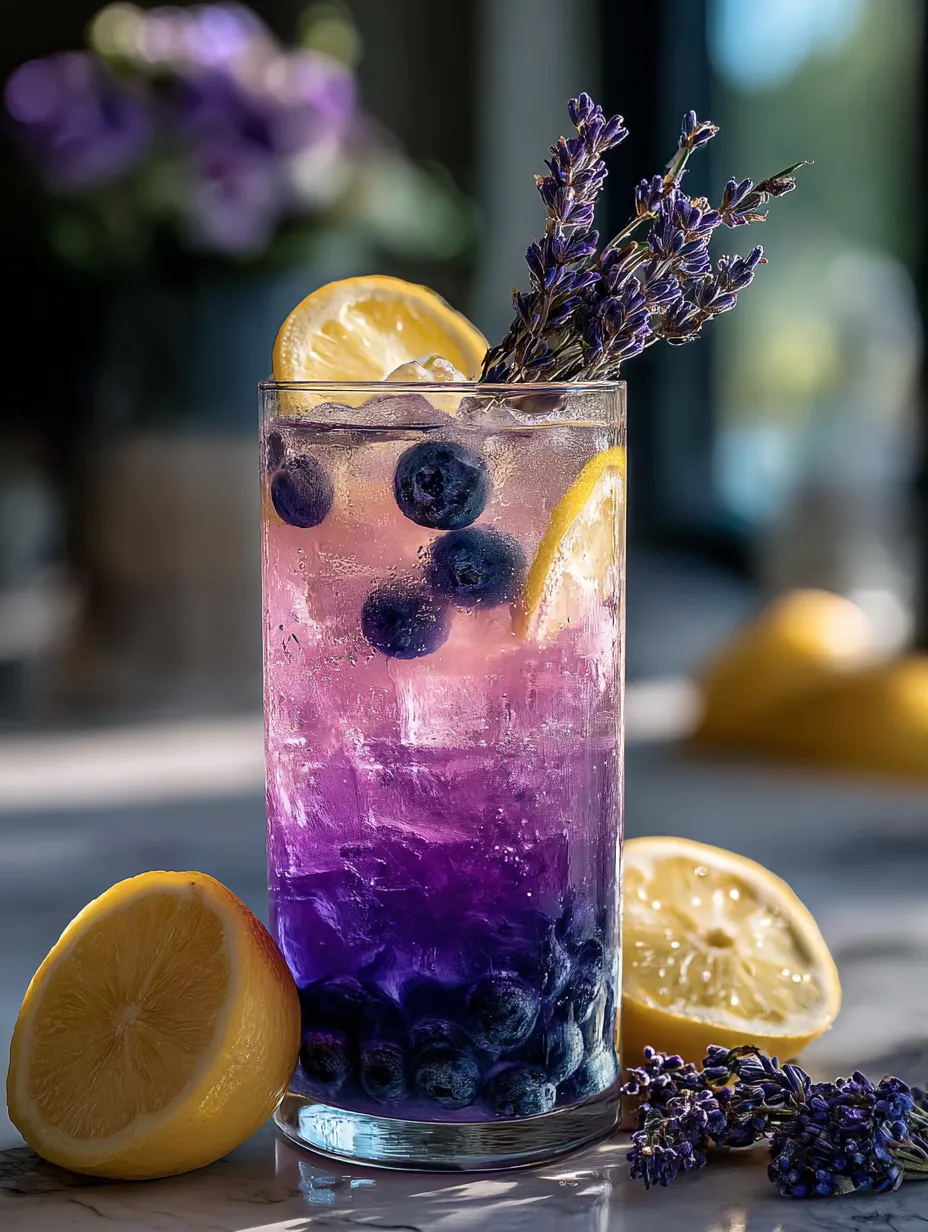 A tall glass filled with blueberry lemonade, topped with a blueberry and a lemon slice.