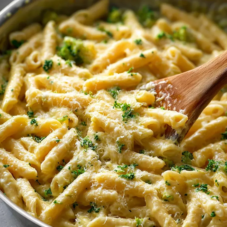 A bowl of pasta with broccoli and cheese.