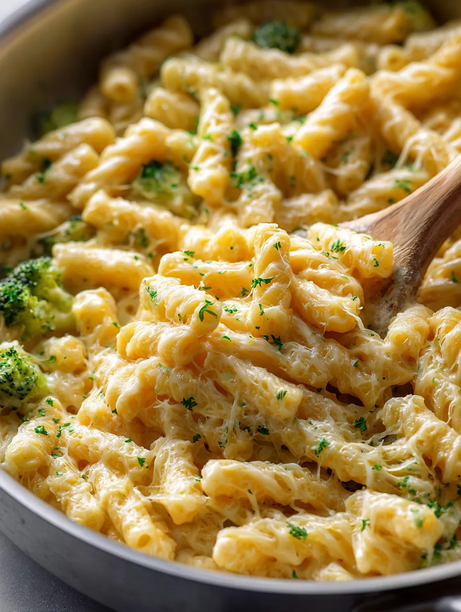 Bowl of creamy cheesy broccoli-filled pasta.