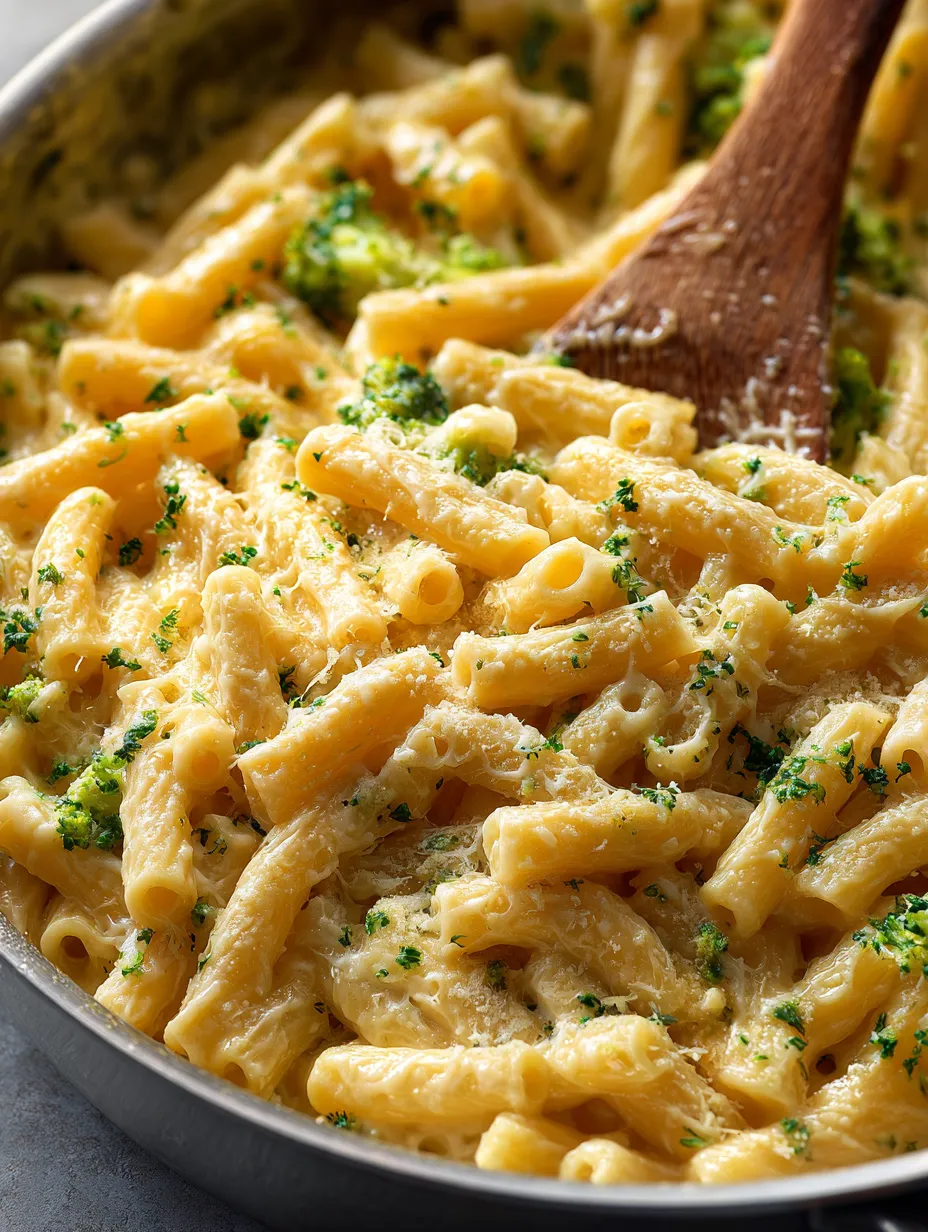A bowl filled with cheesy pasta and broccoli.
