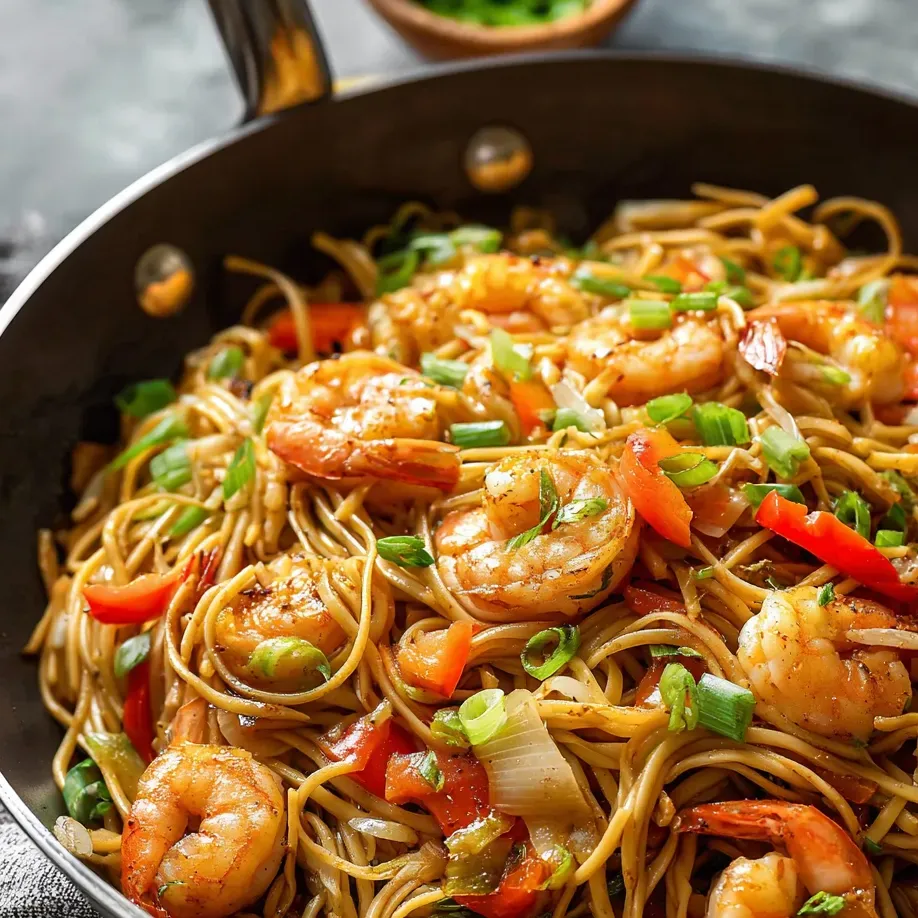 A bowl loaded with noodles, shrimp, and veggies all mixed together.