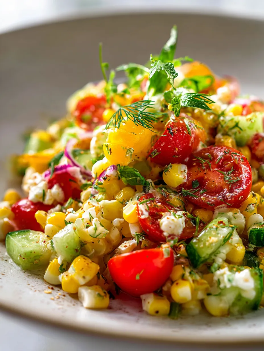 A plate stacked with corn, tomatoes, and cucumbers ready to serve.