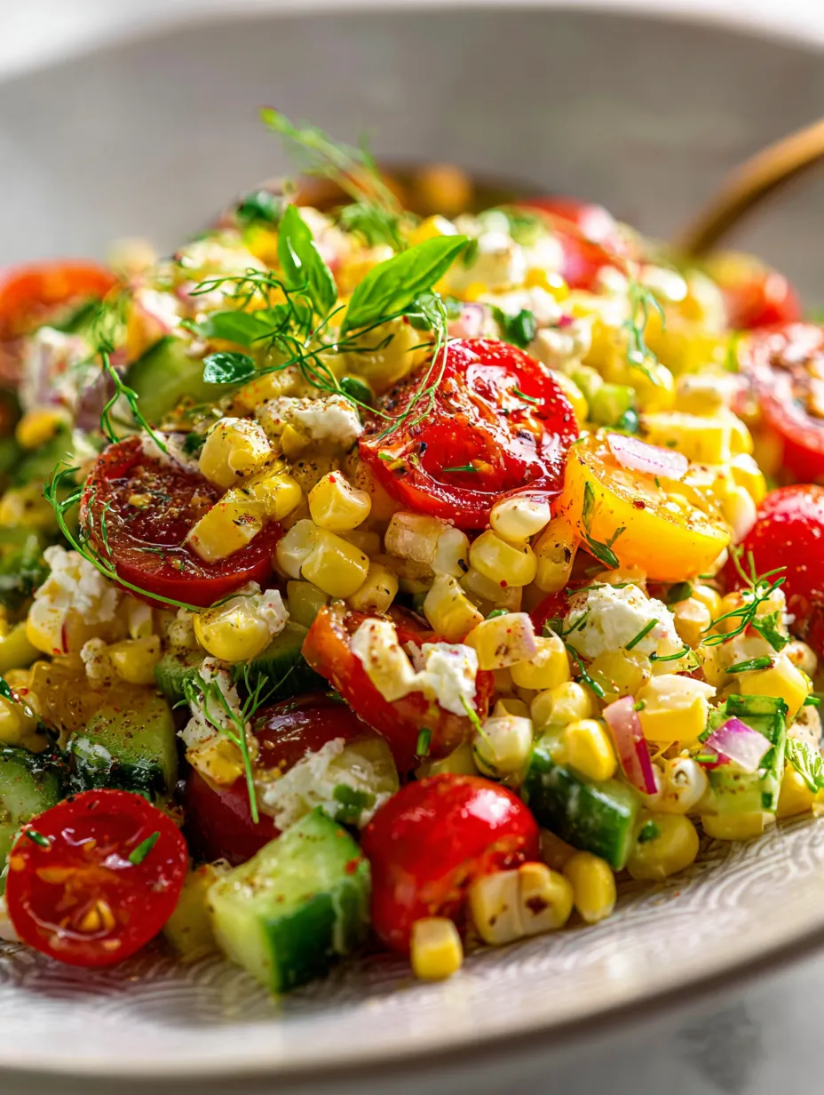 A bowl of vegetables with corn, tomatoes, and cucumbers ready to eat.