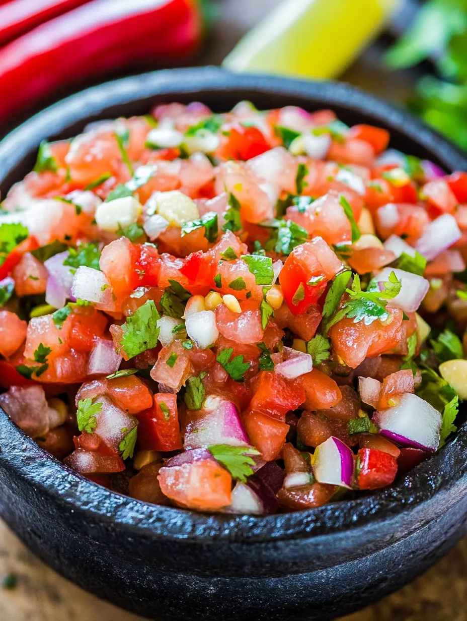 A bowl of salsa with tomatoes, onions, and cilantro.