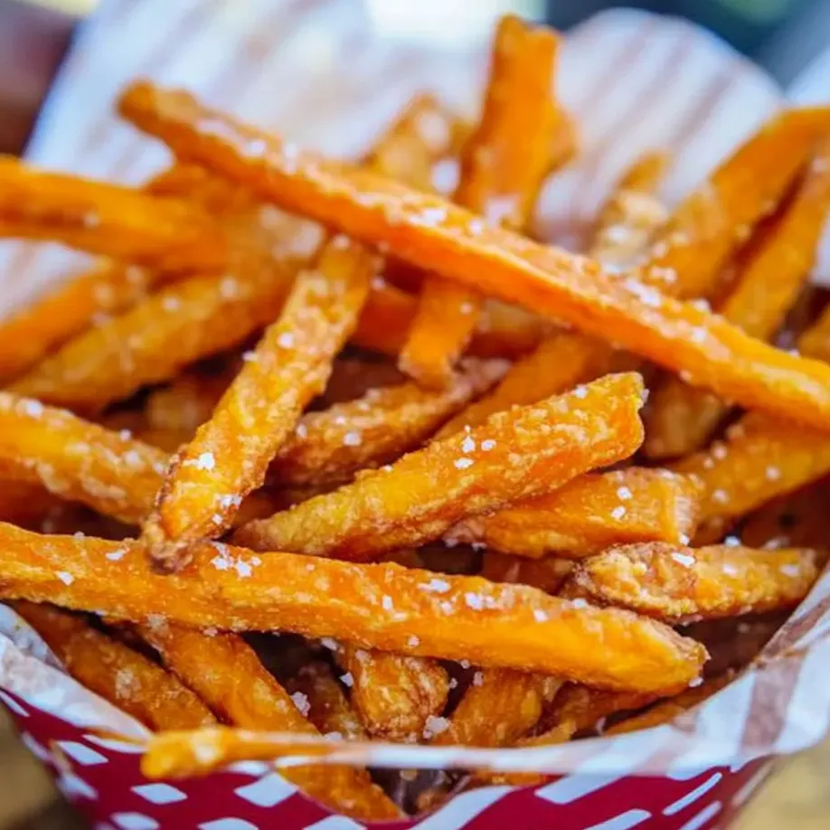 Basket filled with fries on a red and white checkered sheet.