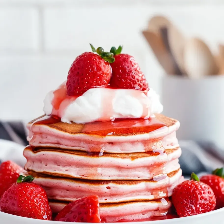 A stack of pancakes with strawberries on top.