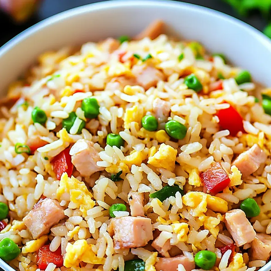 A bowl filled with rice, ham, and peas.