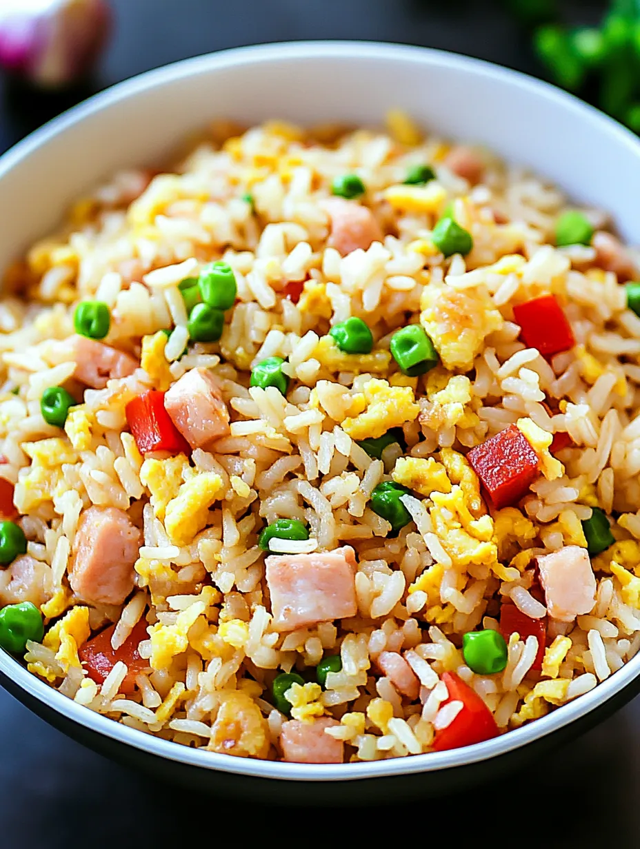 A bowl filled with rice, ham, and peas.