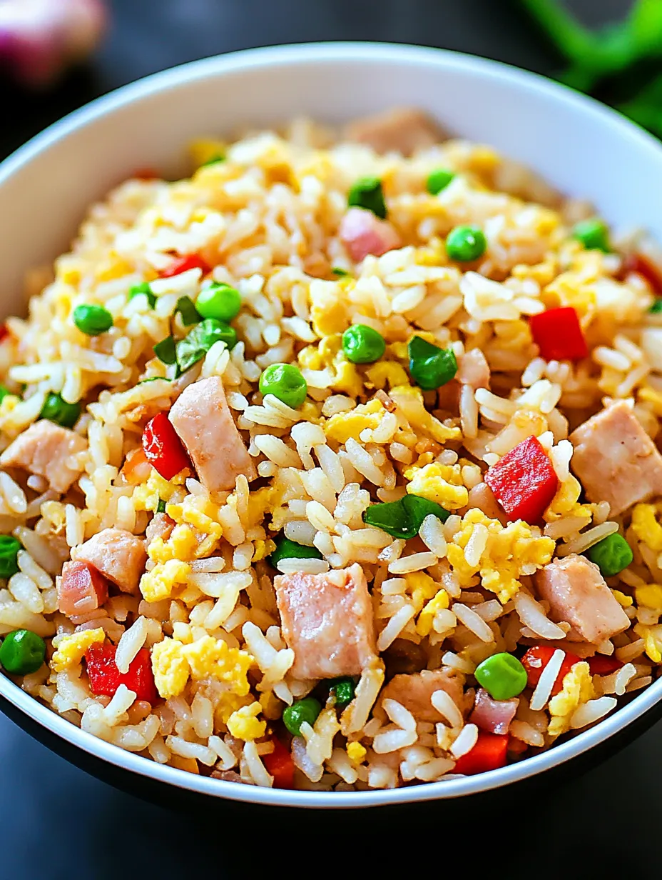 A bowl filled with rice, ham, and peas.
