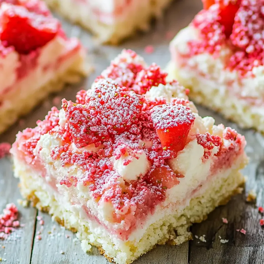 A soft vanilla bar topped with white frosting and bits of strawberry crumble.