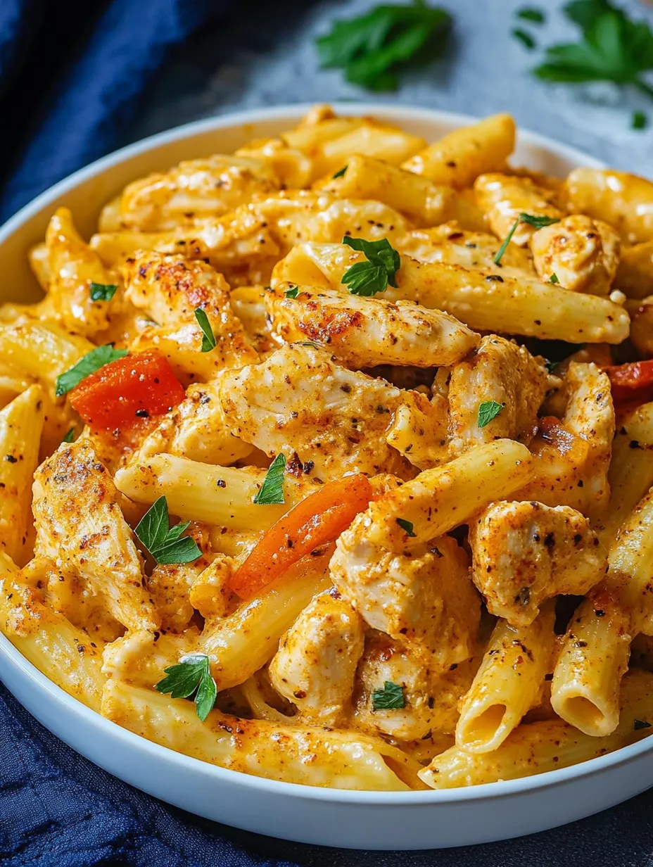 A bowl full of pasta and chicken with tomatoes.