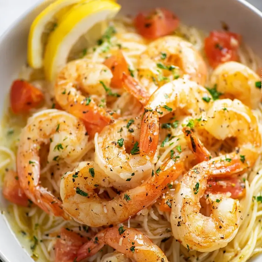 A bowl of shrimp and pasta.