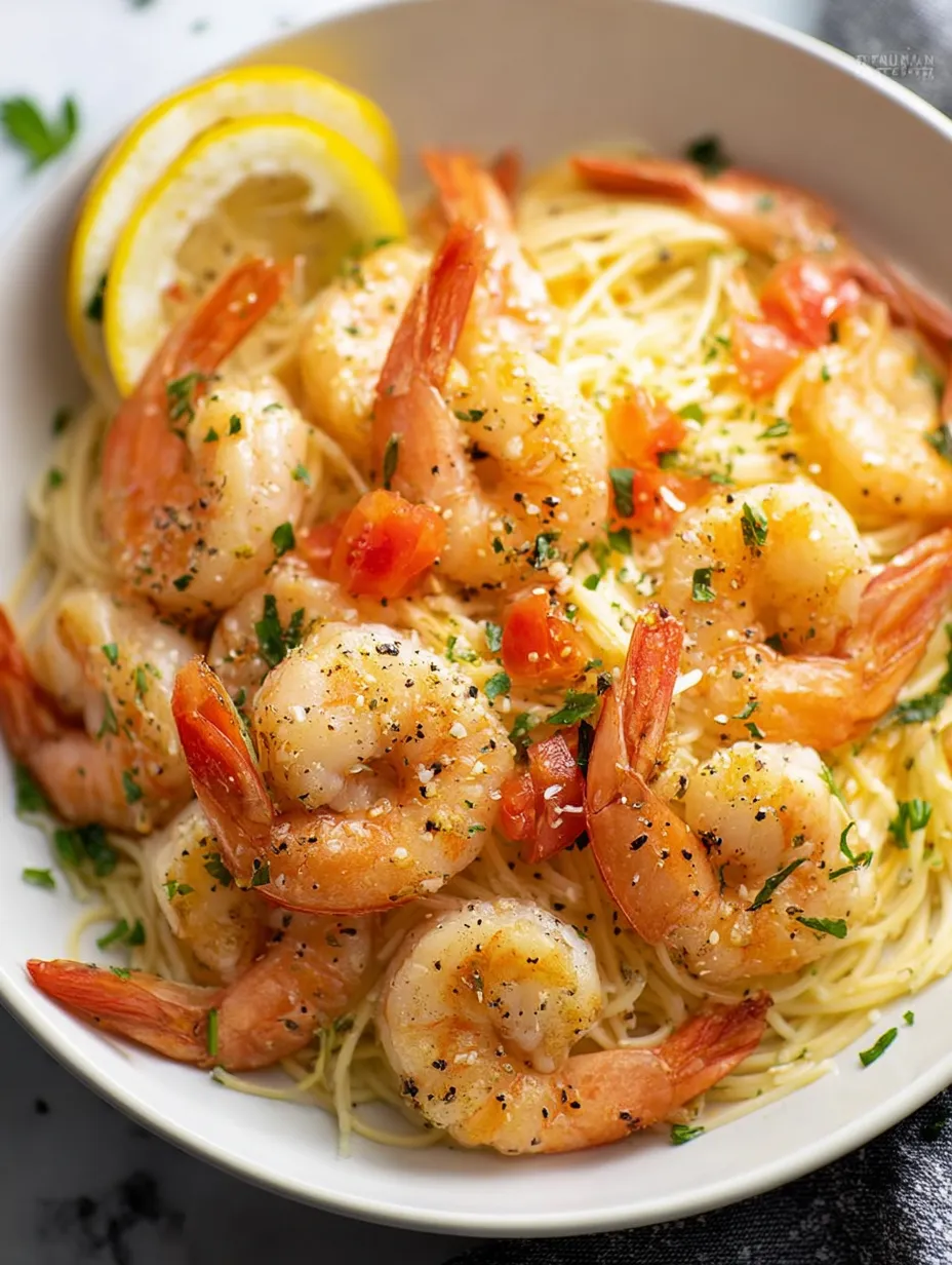 A bowl of shrimp and pasta.