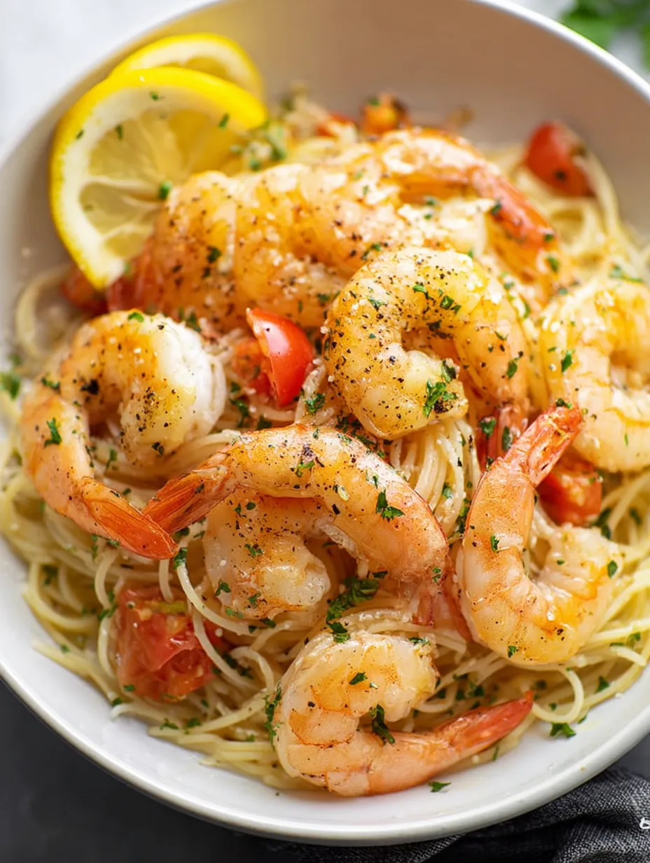 A bowl of shrimp and pasta.