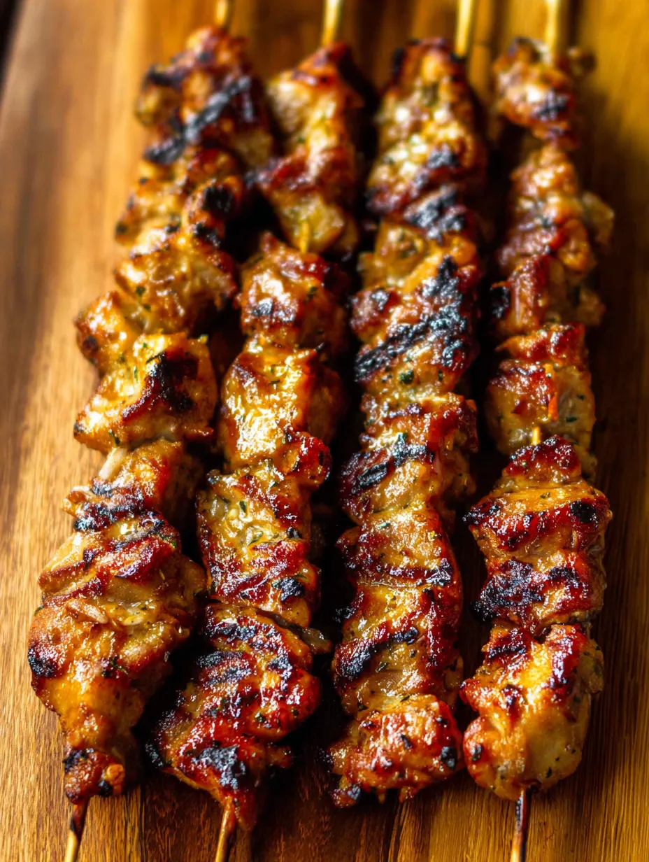 A wooden cutting board with a row of grilled meat.