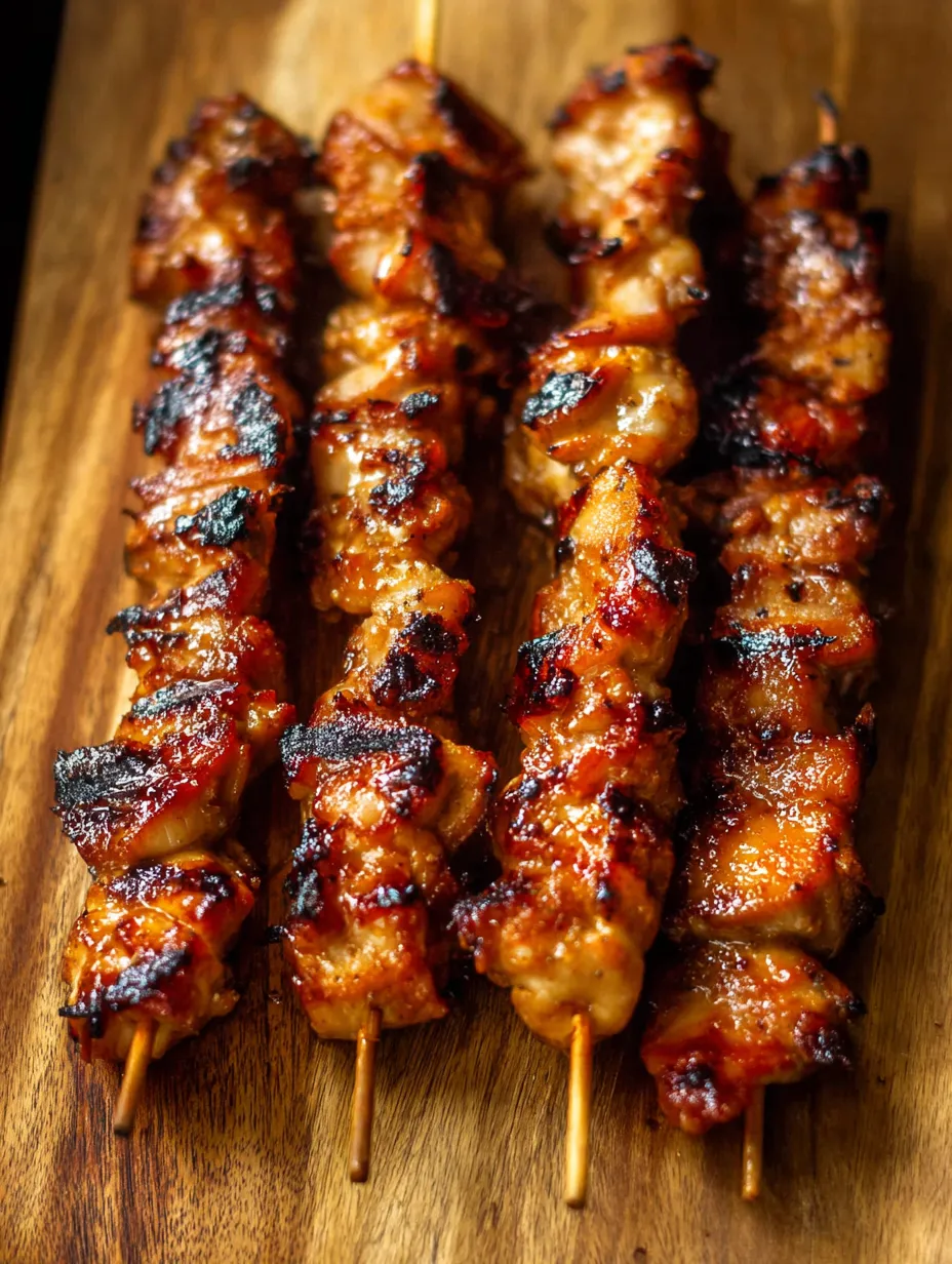 A wooden platter with grilled meat on skewers.