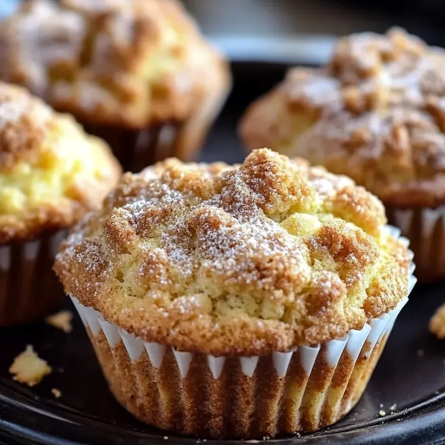 Muffin topped with powdered sugar.