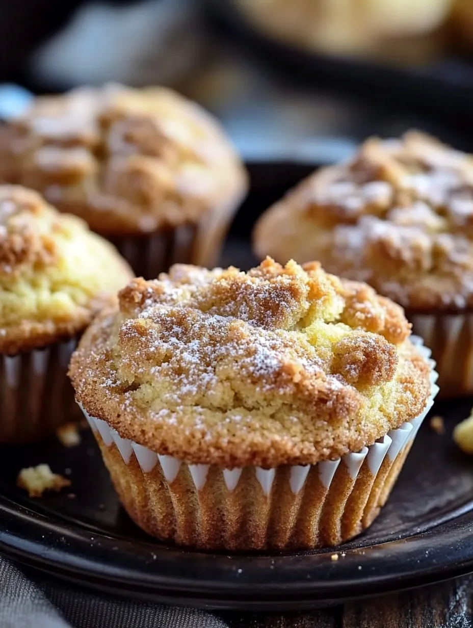 Muffins sitting on a plate topped with powdered sugar.