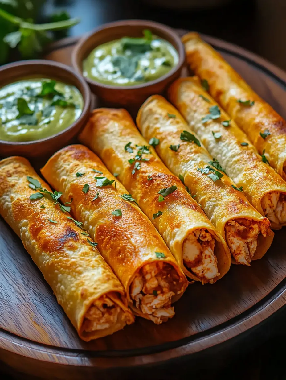 A plate with taquitos and two dipping sauces.