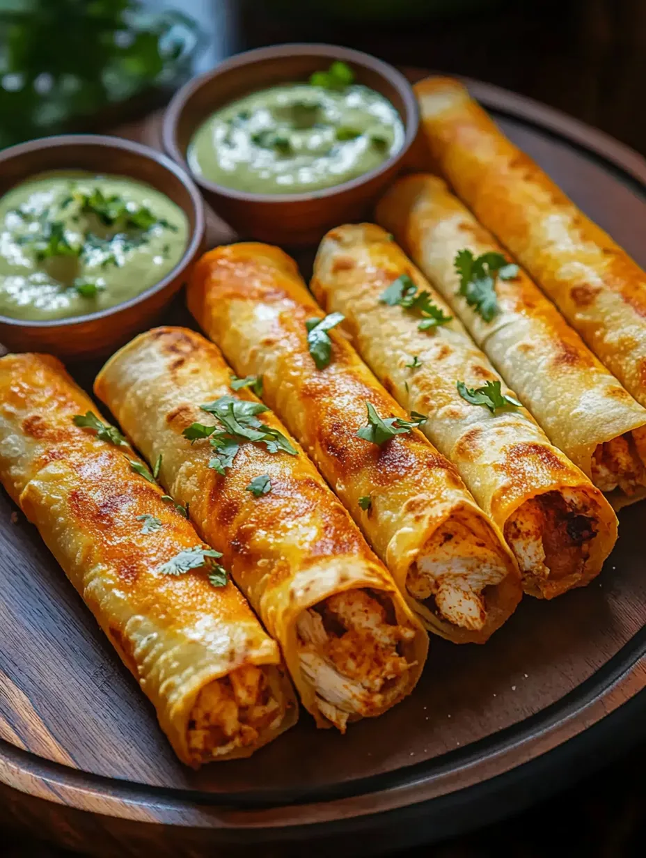 A plate with taquitos and two dipping sauces.