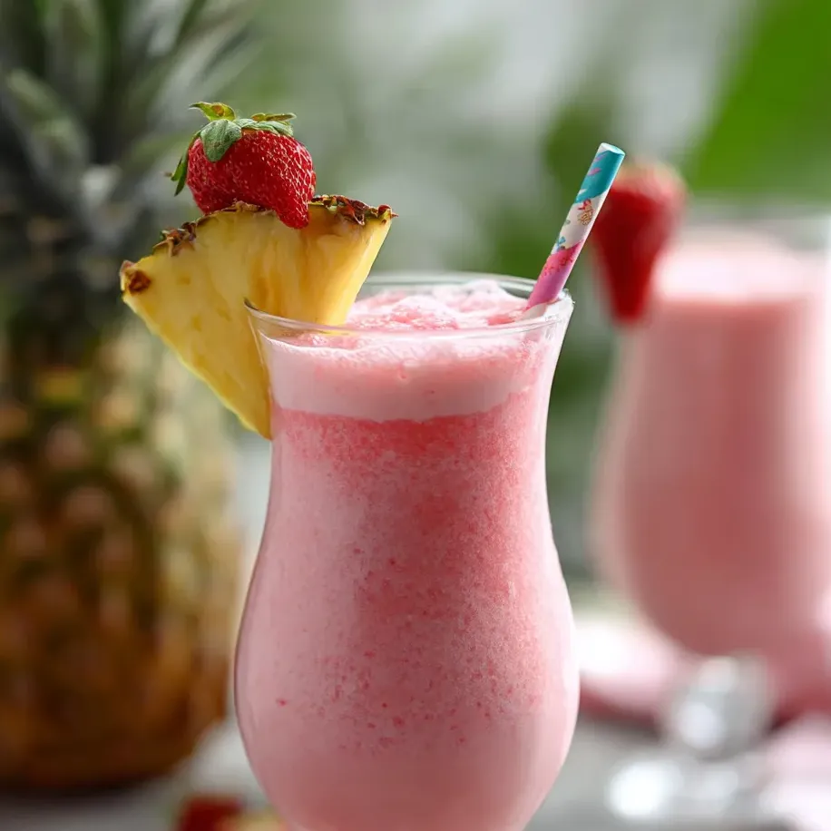 Pink drink in a glass with a pineapple wedge up top.