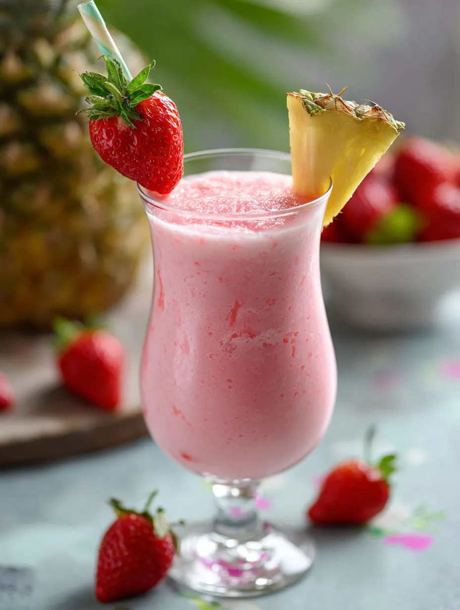 A glass of pink drink with strawberries.