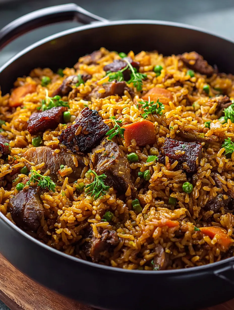 A bowl of rice with meat and vegetables.