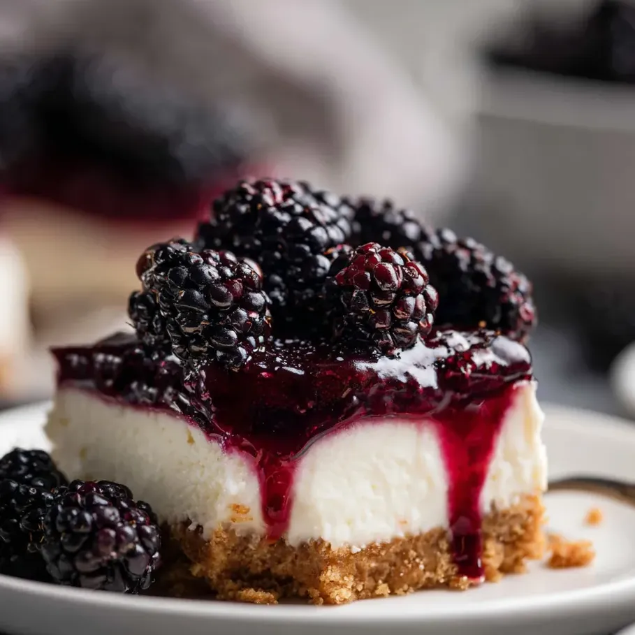 Slice of creamy cheesecake covered in juicy blackberries.
