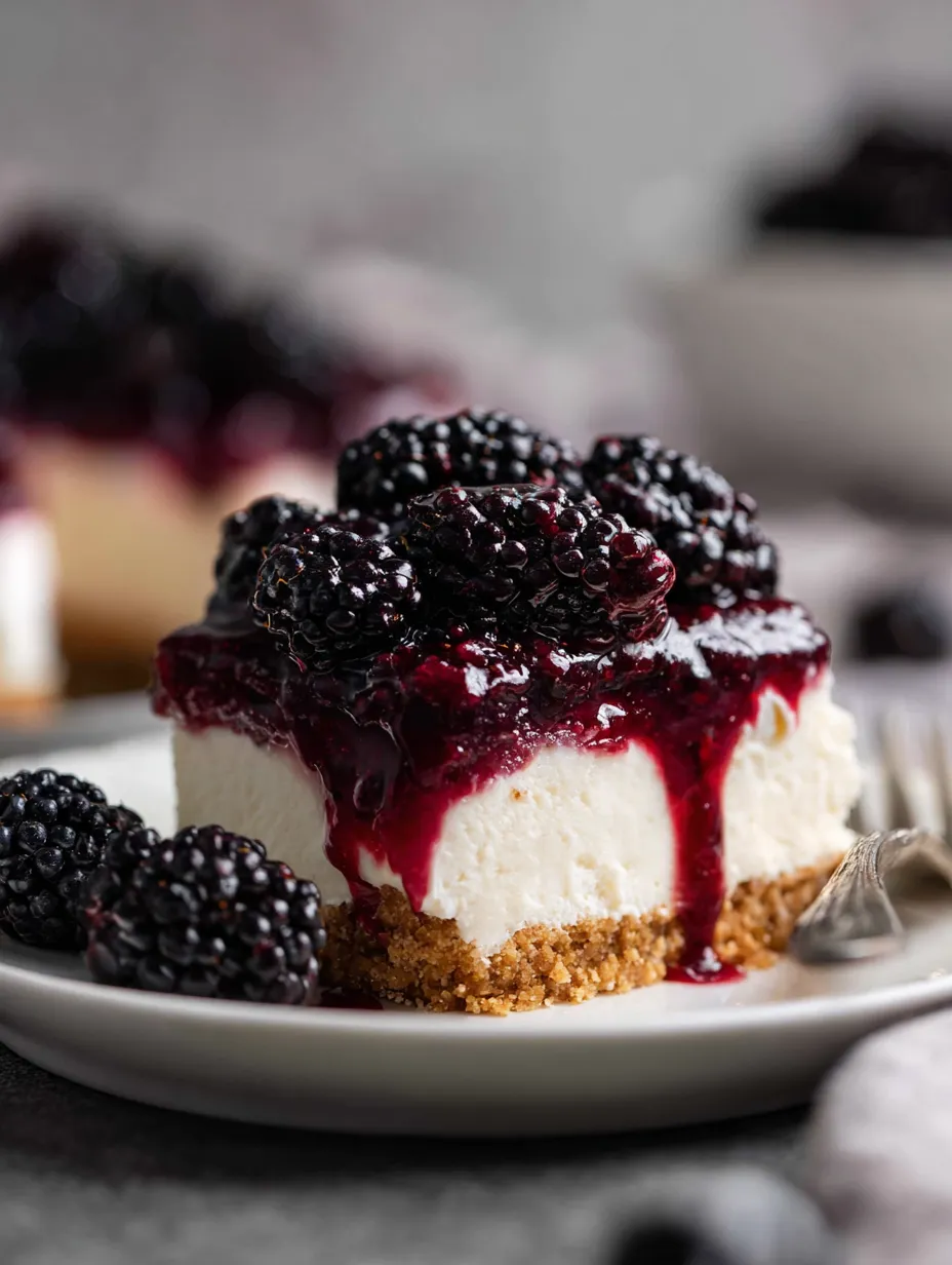 A slice of cheesecake with blackberries on top.