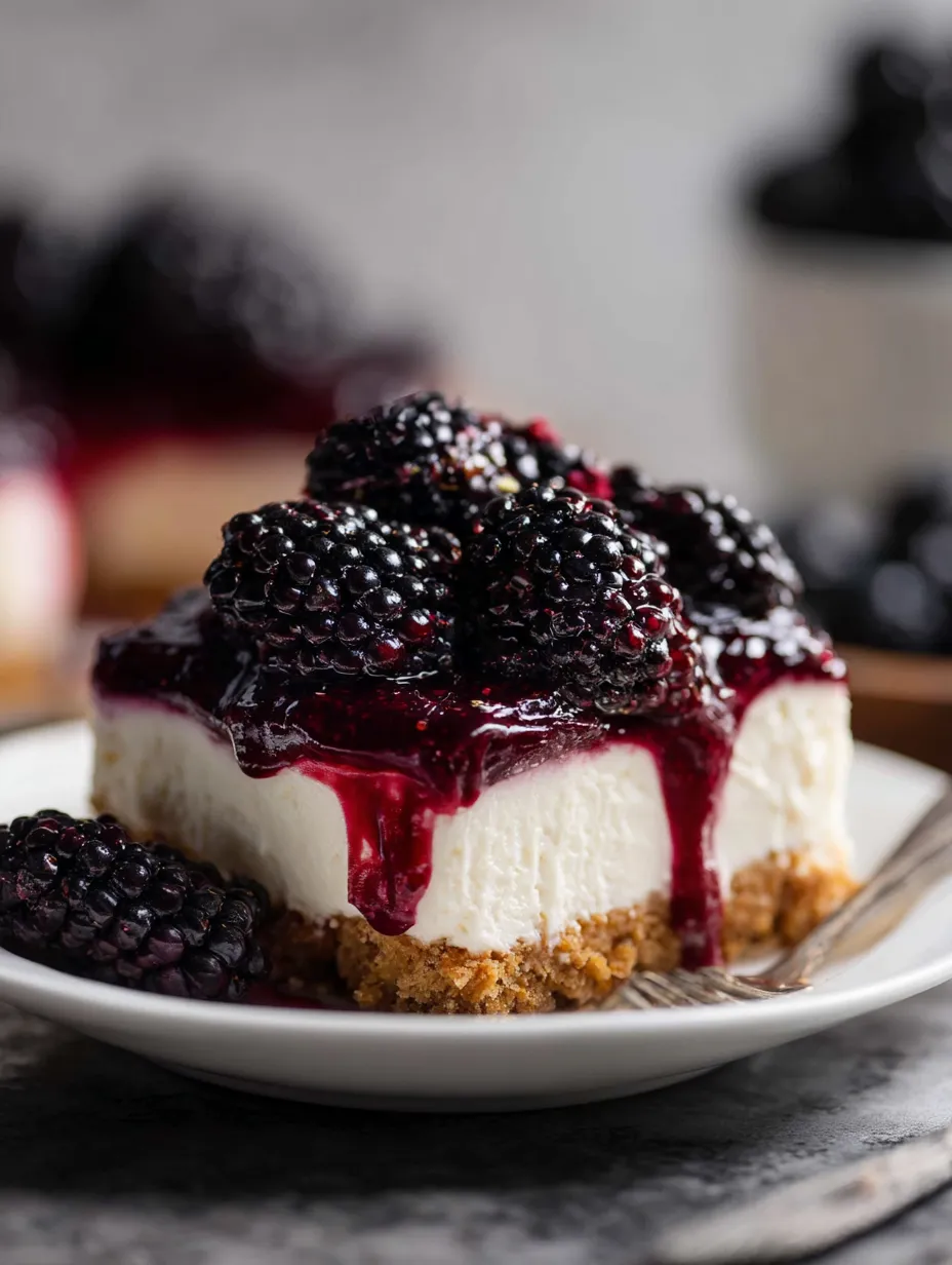 A slice of cake with blackberries on top.