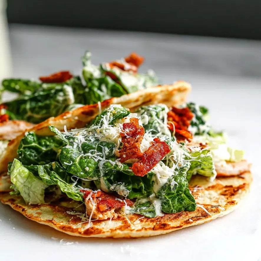 A tortilla loaded with chopped lettuce, cheese, and bacon pieces.