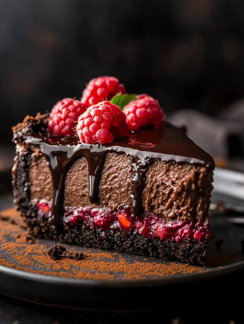 A slice of chocolate cake with raspberries on top.