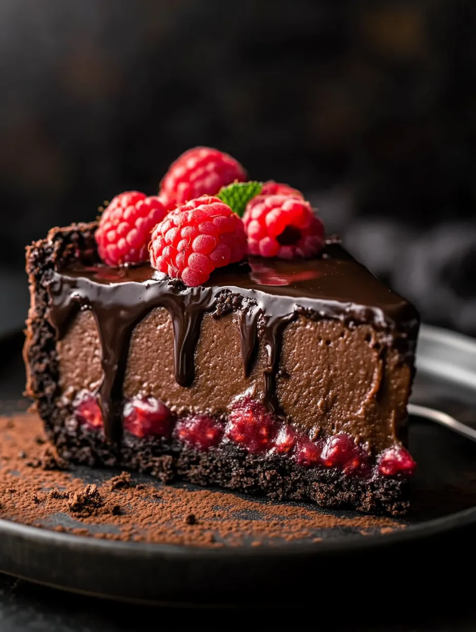 A slice of chocolate cake with raspberries on top.