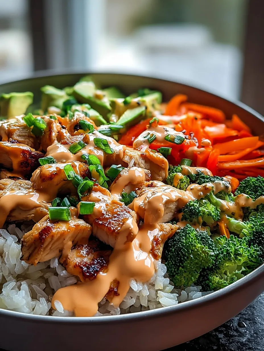 A bowl filled with rice, broccoli, carrots, and pieces of chicken.