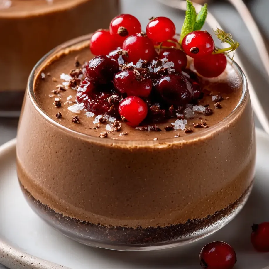 Chocolatey pudding topped with berries.