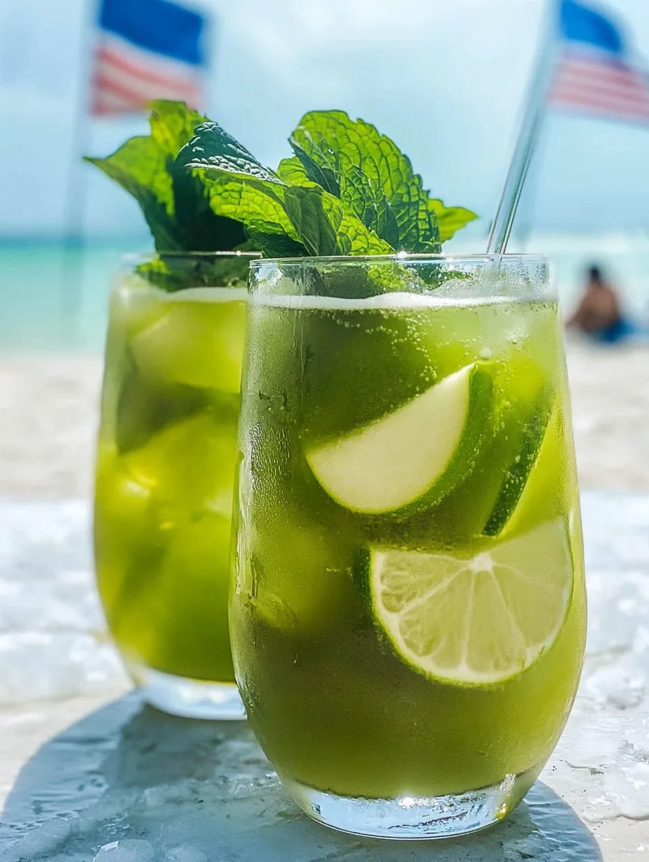 Two chilled green drinks topped with lime and mint.