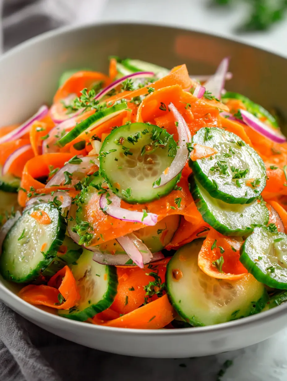 A bowl of veggies with carrots and cucumbers, ready to eat.