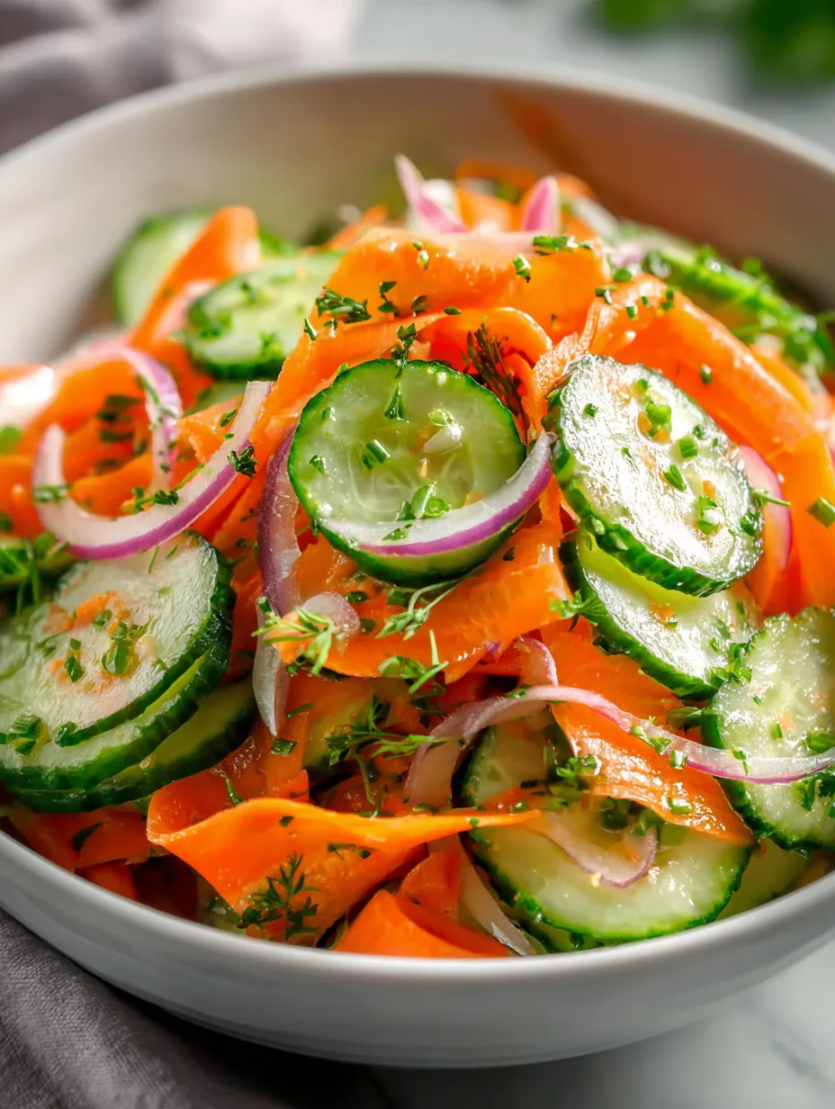 A bowl of veggies with carrots and cucumbers, ready to eat.