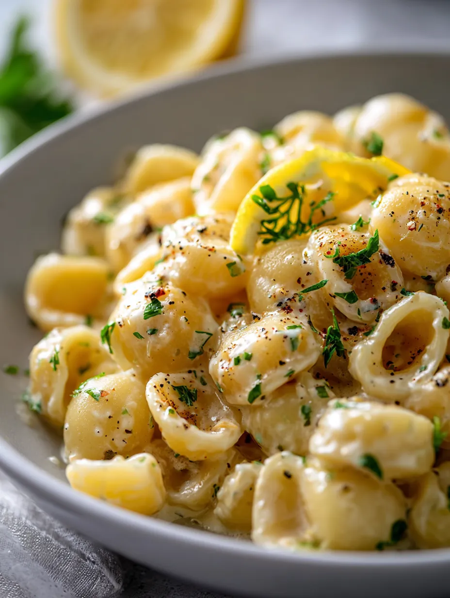 Bowl of twisty noodles topped with herbs and lemon.