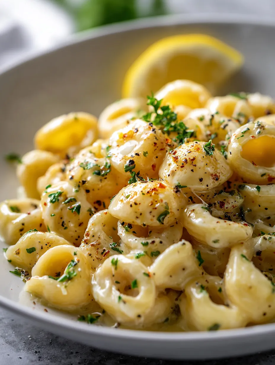 A plateful of saucy noodles and a lemon wedge on top.