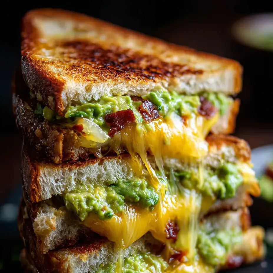 Stacked sandwiches showing avocado and melted cheese.