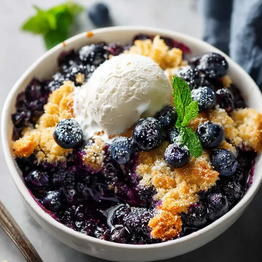 A bowl of blueberries with a scoop of ice cream on top.